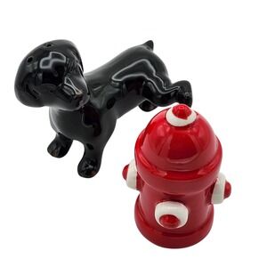 Pier 1 Imports Dog and Fire Hydrant Salt and Pepper Shakers Ceramic Black Red